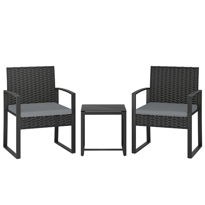 3-piece black rattan bistro set with two light grey cushioned armchairs and a square glass top table