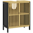 Black and natural bamboo under sink cabinet with slatted door and U-shaped pipe cut-out