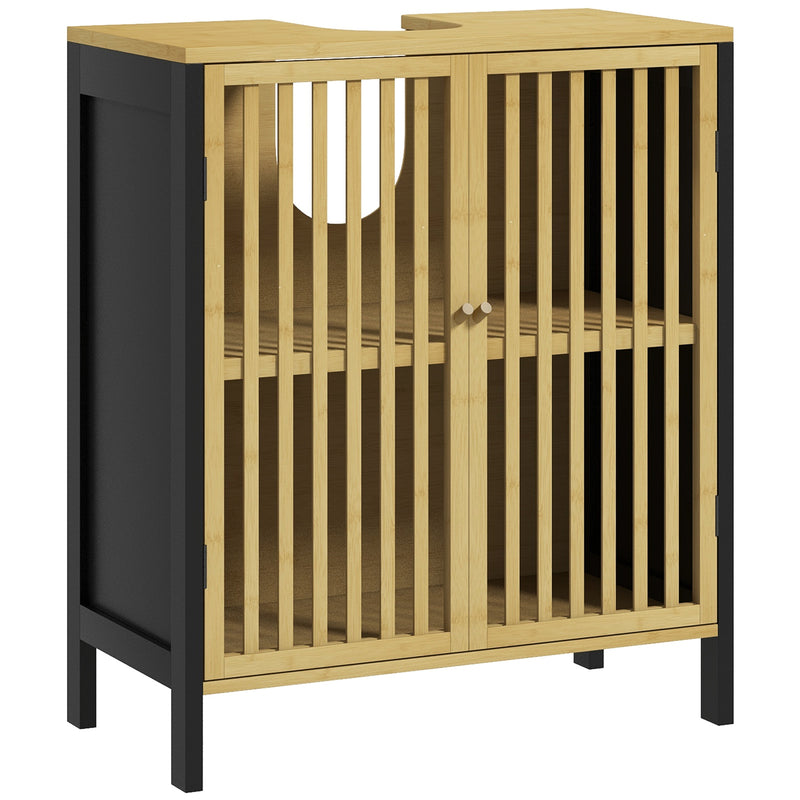 Black and natural bamboo under sink cabinet with slatted door and U-shaped pipe cut-out
