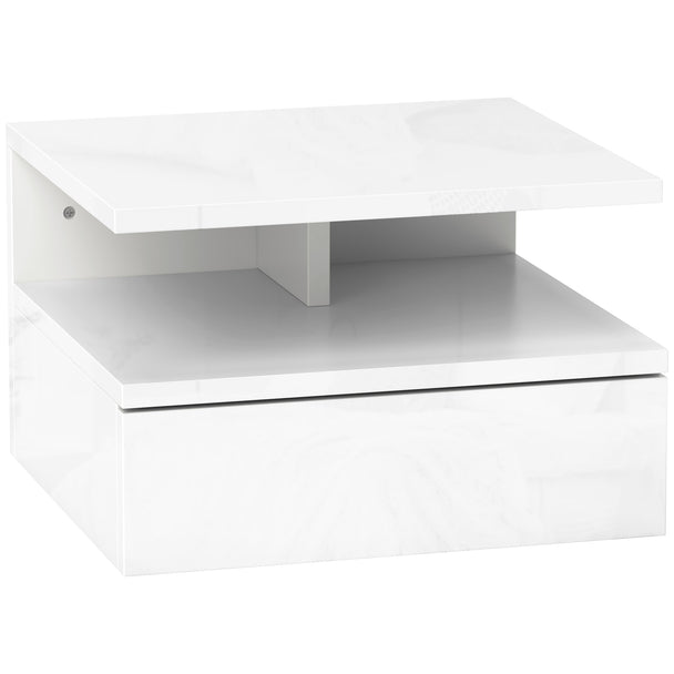 High gloss white floating bedside table with drawer and open shelf