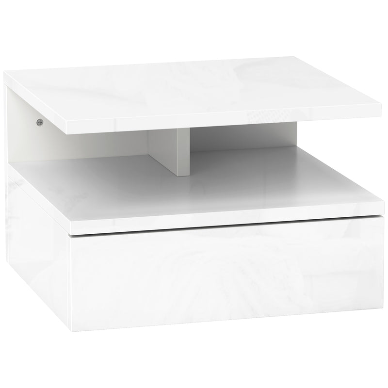 High gloss white floating bedside table with drawer and open shelf