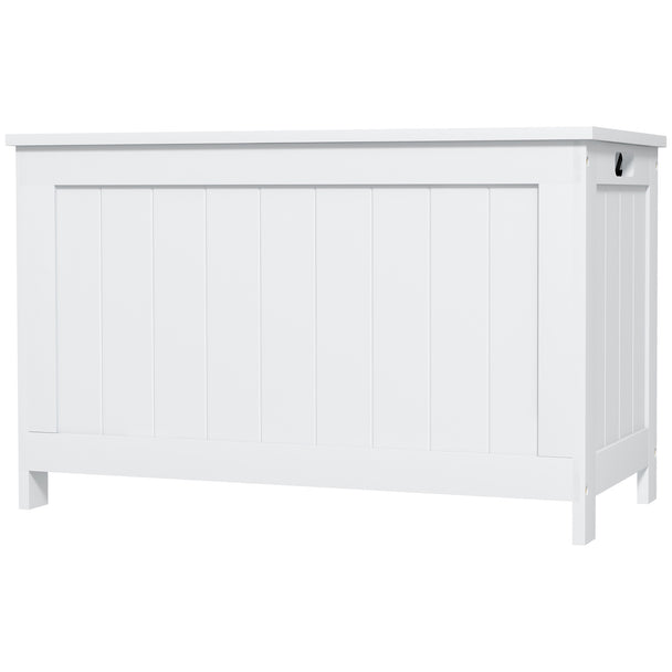 White wooden storage chest with hinged lid and cut-out handles