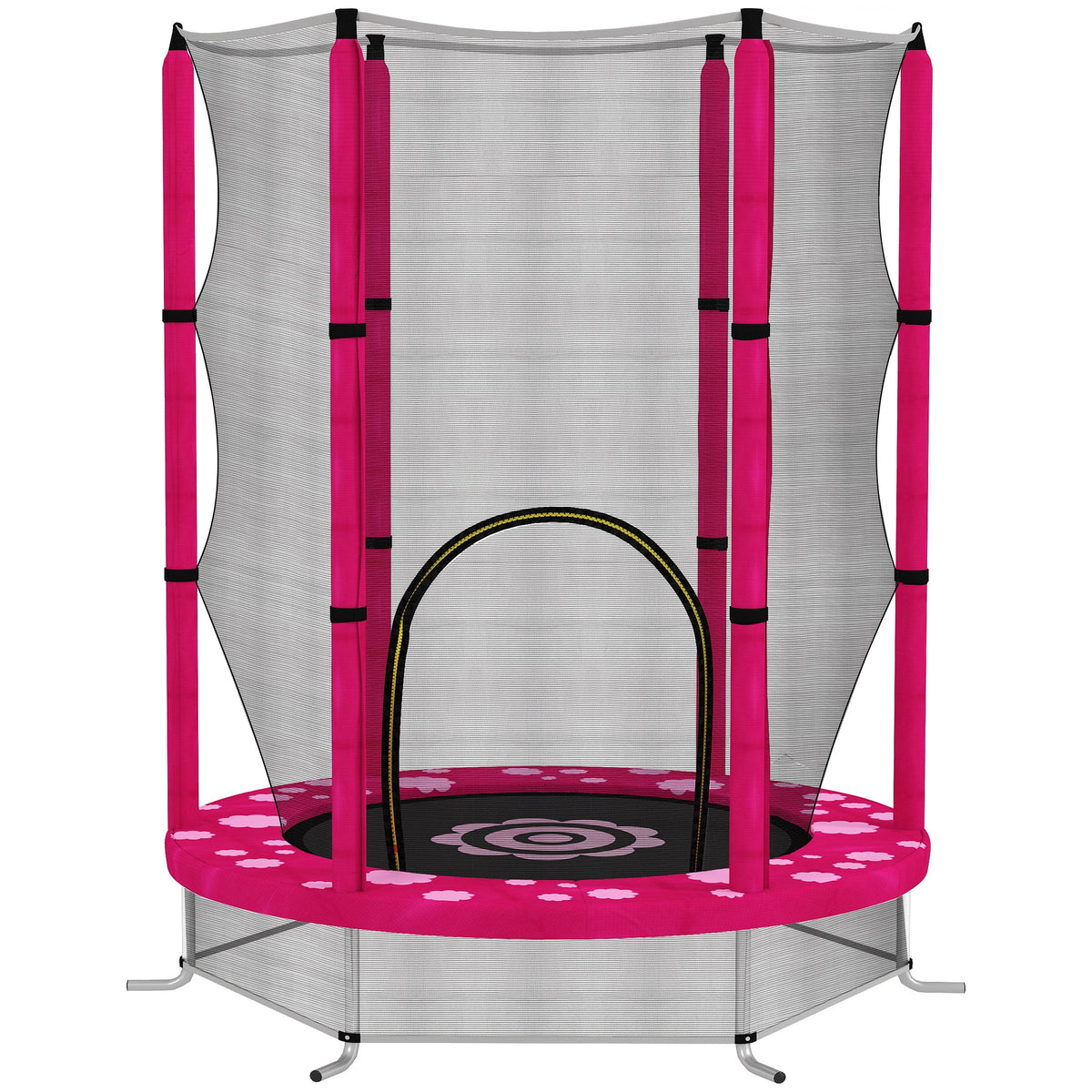 Pink 4.6ft indoor toddler trampoline with 360-degree enclosure net and foam-covered poles
