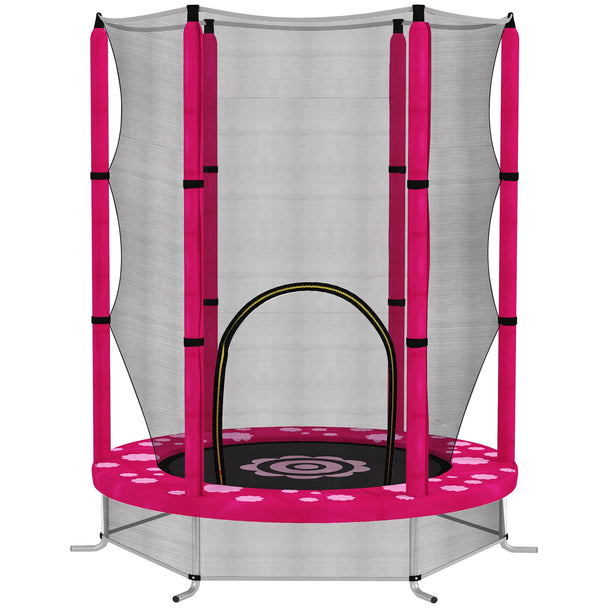 Pink 4.6ft indoor toddler trampoline with 360-degree enclosure net and foam-covered poles