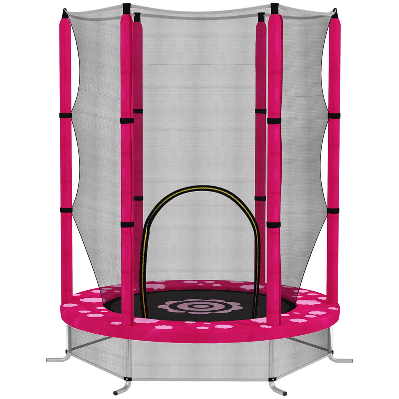 Pink 4.6ft indoor toddler trampoline with 360-degree enclosure net and foam-covered poles