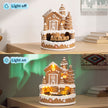 Side-by-side view of the gingerbread house Christmas decoration with lights off and on