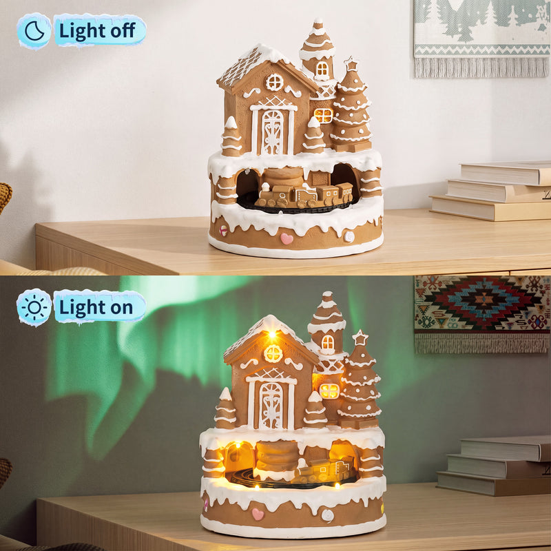 Side-by-side view of the gingerbread house Christmas decoration with lights off and on