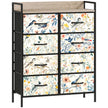 White 8-drawer fabric chest of drawers with patterned drawer fronts, steel frame and wood-effect top