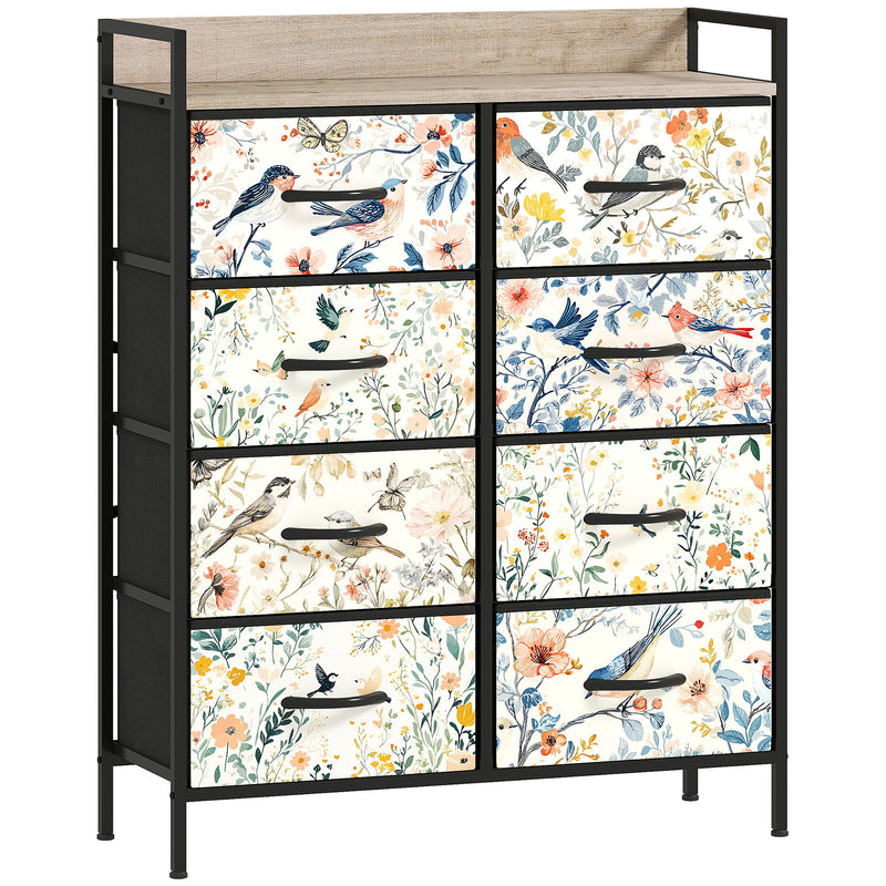 White 8-drawer fabric chest of drawers with patterned drawer fronts, steel frame and wood-effect top