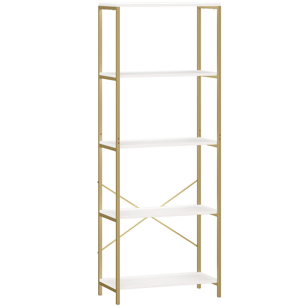 5-Tier Bookshelf, Modern Bookcase with Metal Frame - White and Gold Tone