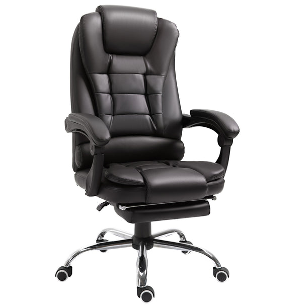 Brown faux leather high-back executive office chair with padded armrests and pull-out footrest