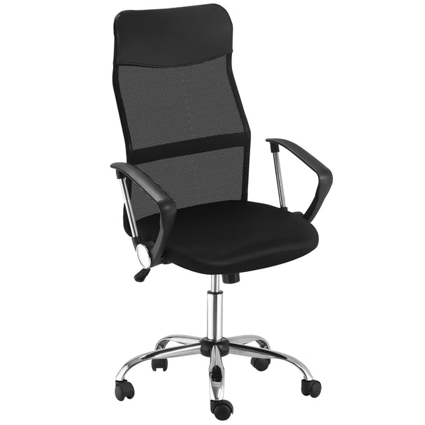Black ergonomic mesh office chair with faux leather top panel, armrests and five-wheel base