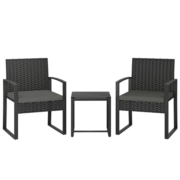 3-piece black rattan bistro set with two dark grey cushioned armchairs and a square glass top table
