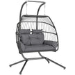 Dark grey double PE rattan hanging egg chair with steel stand, tufted cushion and two head pillows