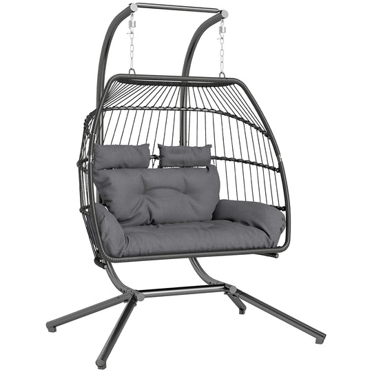 Dark grey double PE rattan hanging egg chair with steel stand, tufted cushion and two head pillows