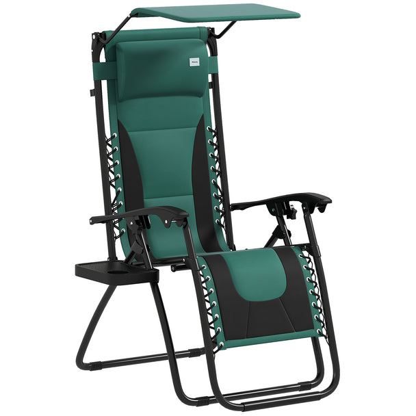 Green folding zero gravity recliner chair with shade canopy, headrest and cup holder tray