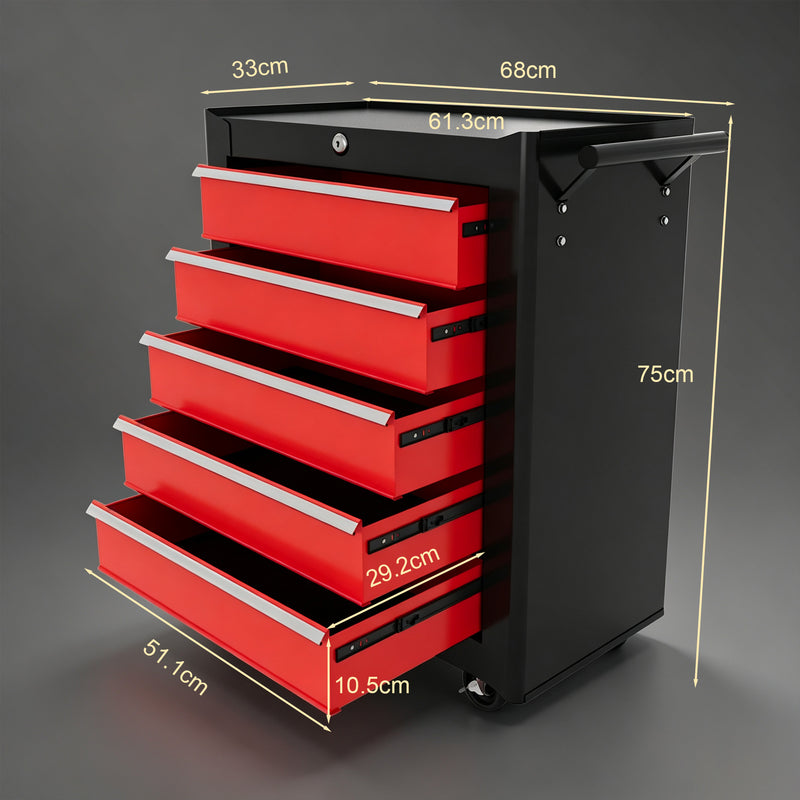 5-Drawer Lockable Rolling Tool Chest with Handle & 2 Keys – Red – image 3 of 9