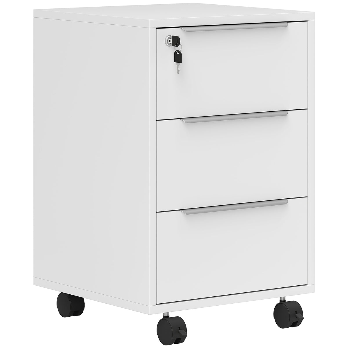 White three-drawer mobile filing cabinet with central lock and wheels