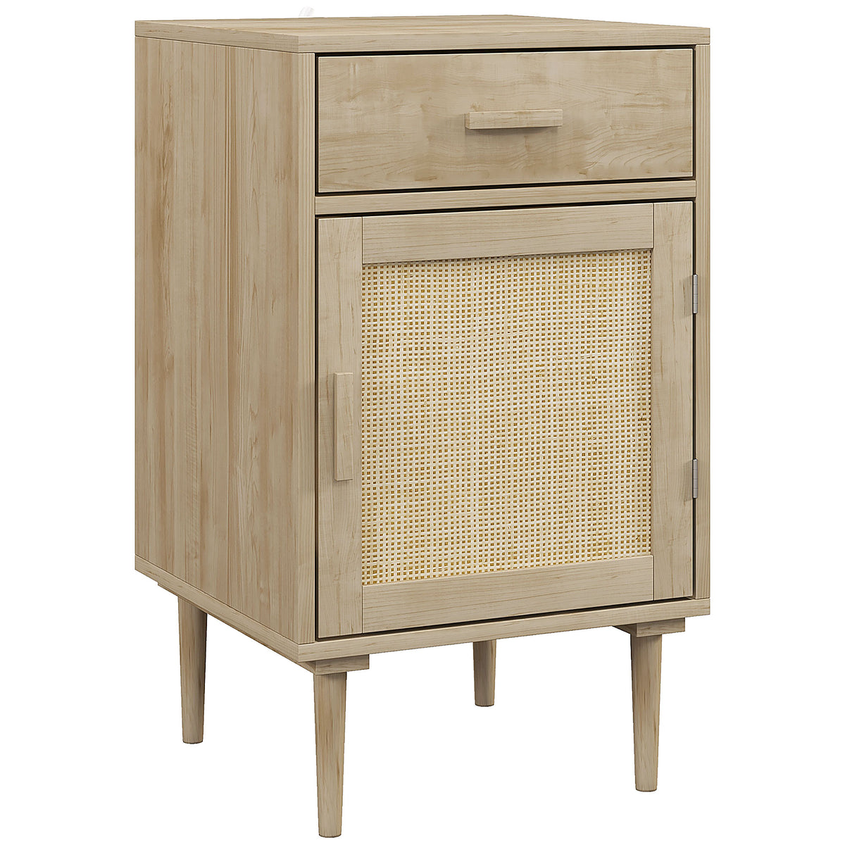 Natural wood-effect boho bedside table with drawer and rattan cabinet door