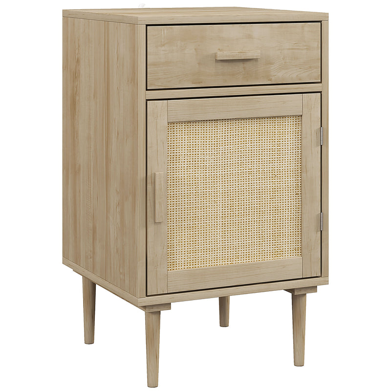 Natural wood-effect boho bedside table with drawer and rattan cabinet door