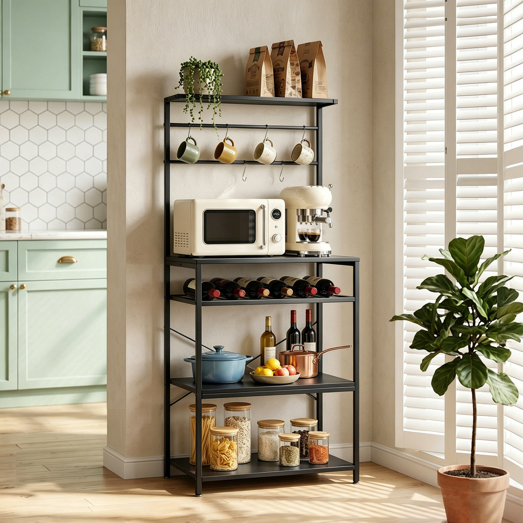 Freestanding Shelving Unit, Industrial Storage Shelf with 6 Hooks and Wine Rack for Living Room, Home Office, Black