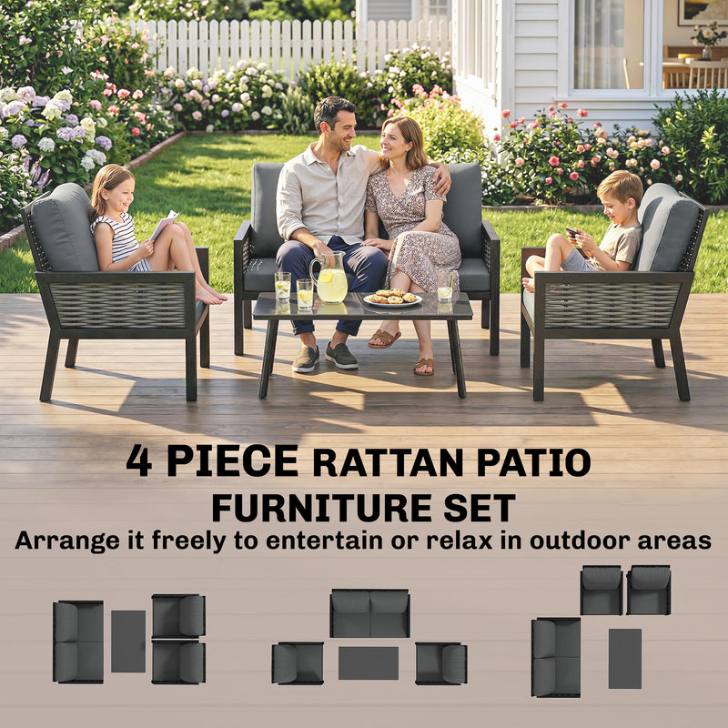 Outsunny 4 Seater Rattan Garden Furniture Set with 2 Armchairs, Loveseat, Coffee Table, Garden Sofa Set with Cushions – view 8