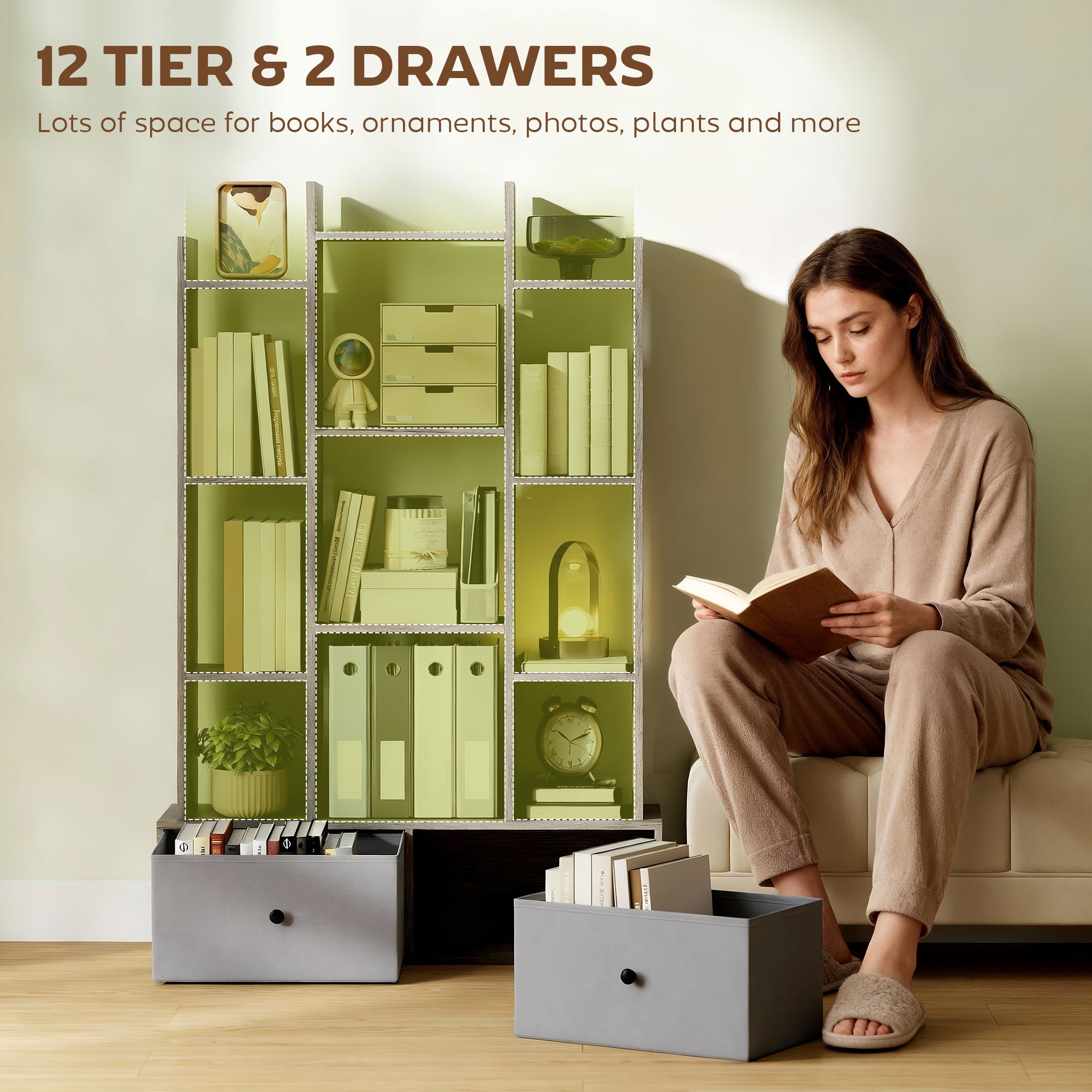 12 Shelf Storage Unit, with Drawers - Graphite Wood Effect