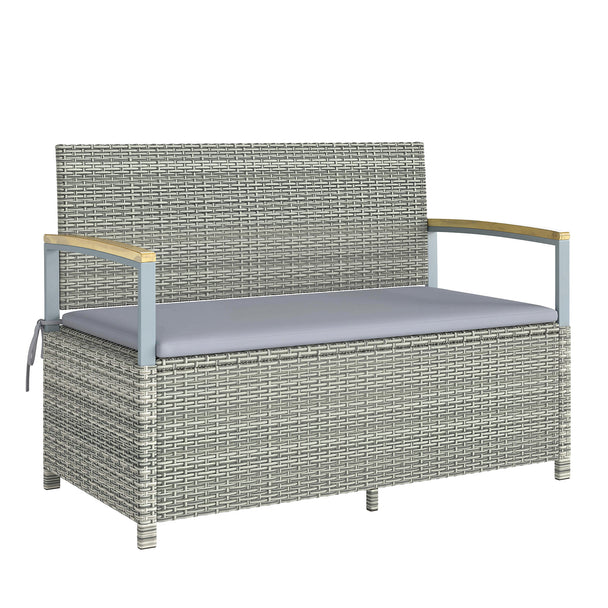 Outsunny 170 L Garden Storage Bench with Zipped Liner, 2 Seater Rattan Garden Bench with Storage, Gas Strut, Cushion