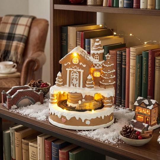 Light-up gingerbread house Christmas village decoration displayed on a bookshelf