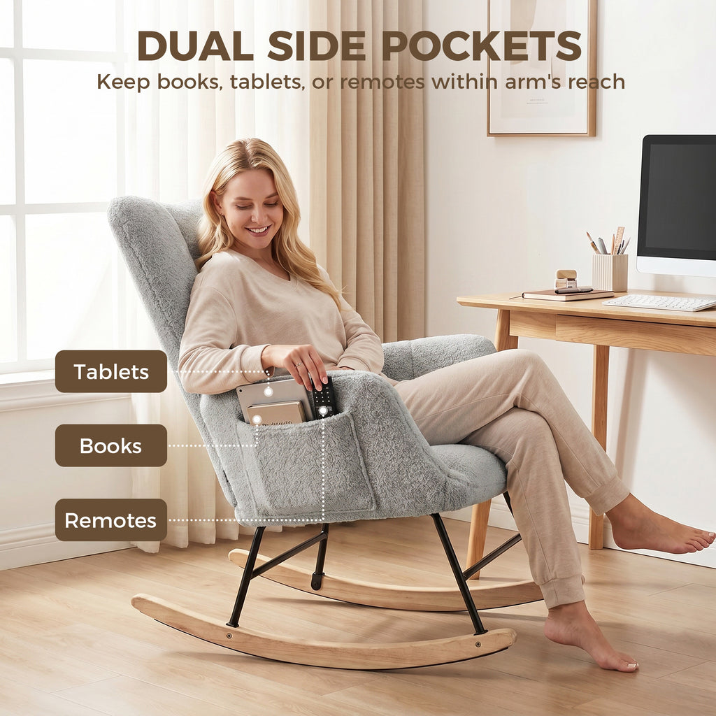 Rocking Chair, Teddy Fleece Rocker Chair with Tufted Wingback, Side Pockets, Rubber Wood Legs, Light Grey
