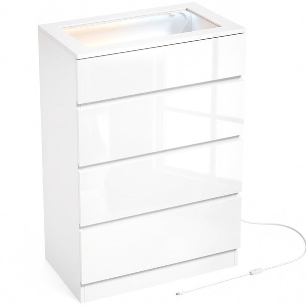 HOMCOM High Gloss 4 Drawer Chest of Drawers with Glass Top and RGB LED Lights, Dresser with Jewelry Organizer, APP