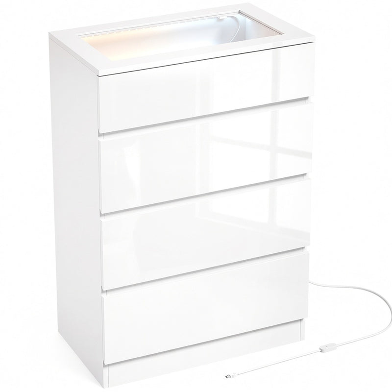 HOMCOM High Gloss 4 Drawer Chest of Drawers with Glass Top and RGB LED Lights, Dresser with Jewelry Organizer, APP
