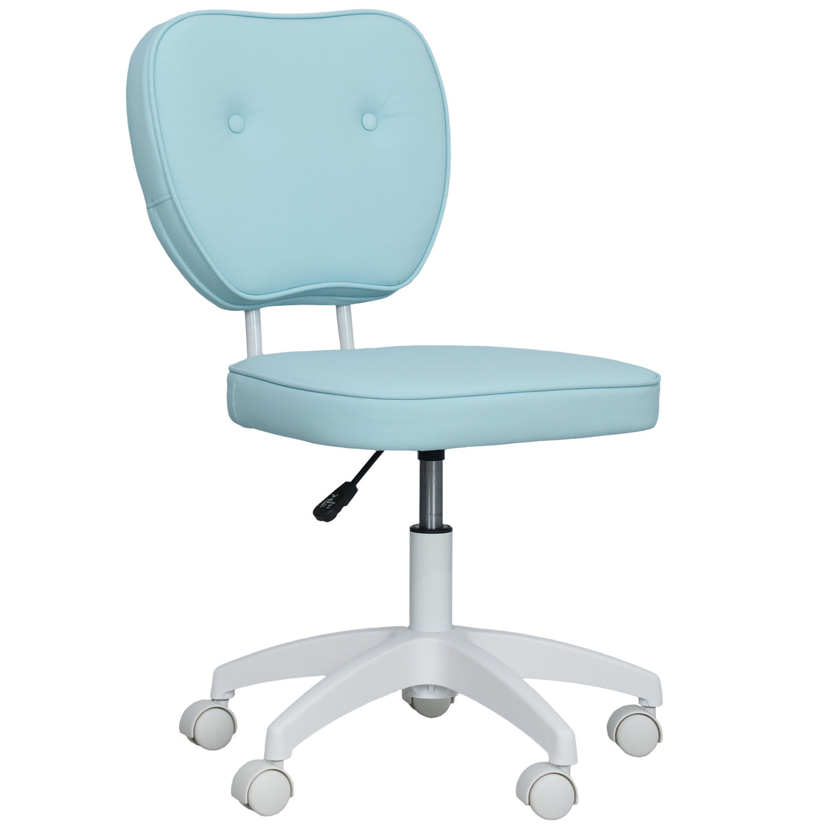 Light blue armless faux leather vanity office chair with curved padded back and swivel wheels