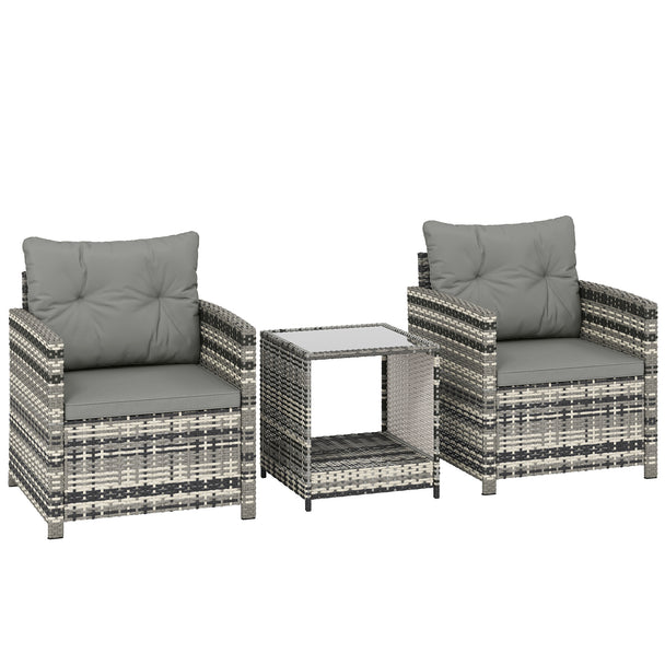 3-piece mixed grey rattan bistro set with two light grey-cushioned armchairs and a two-tier glass top table
