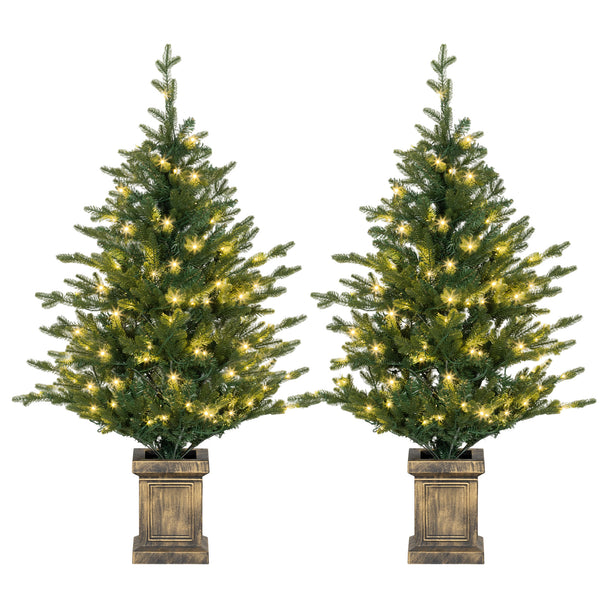 Pair of 4ft pre-lit green Christmas trees with warm white LEDs in distressed vintage pots