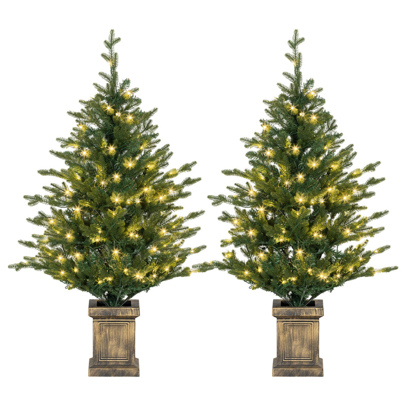 Pair of 4ft pre-lit green Christmas trees with warm white LEDs in distressed vintage pots
