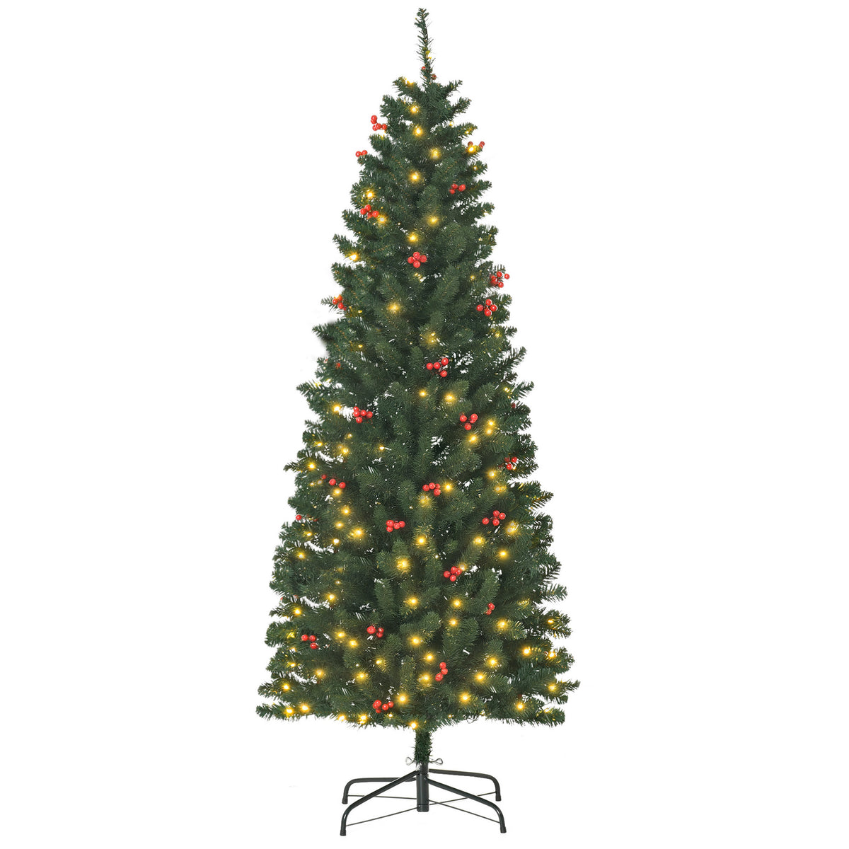 6ft slim pre-lit green pencil Christmas tree with warm white LEDs and red berries