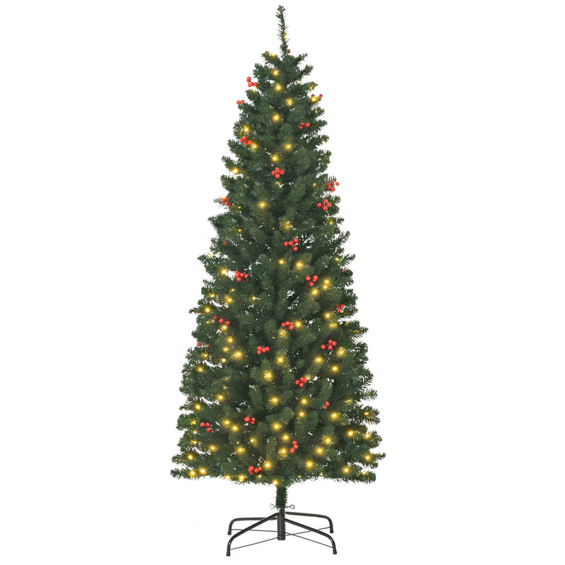 6ft slim pre-lit green pencil Christmas tree with warm white LEDs and red berries