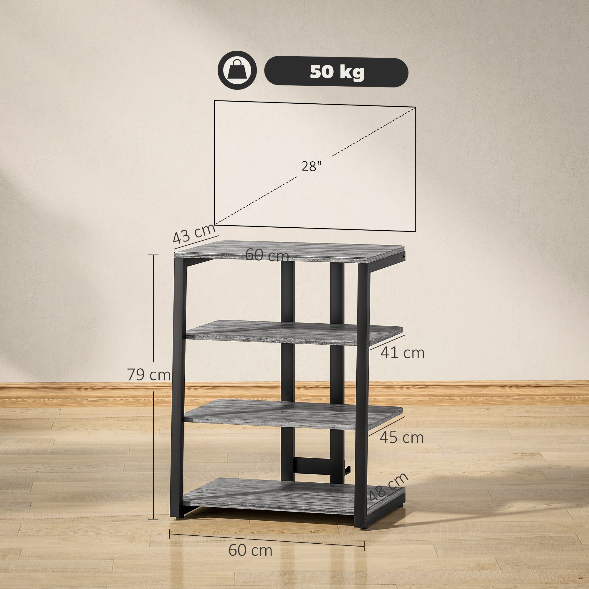 HiFi Stand, with Four Storage Shelves - Dark Grey
