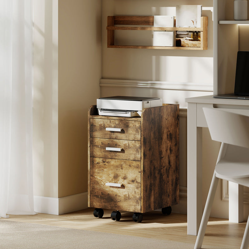 HOMCOM 3 Drawer Filing Cabinet, Rolling File Cabinet with Edged Top for Letter, A4 Size, Hanging File Folders, Rustic – view 9