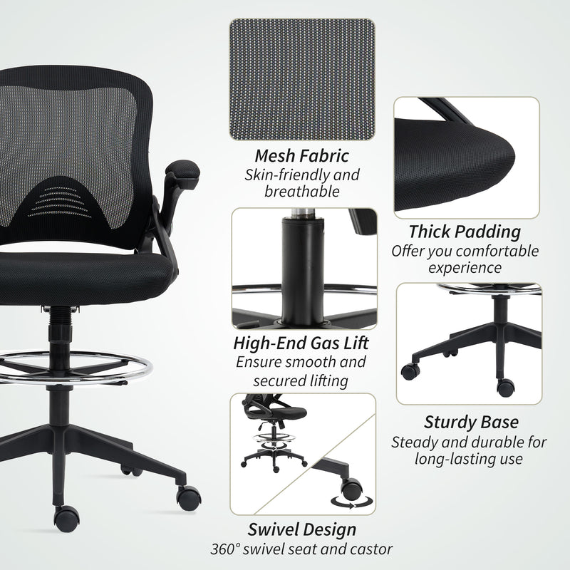 Vinsetto Drafting Chair with Flip-up Armrest, Mesh Office Stool with Foot Ring, 360 Degree Swivel Height Adjustable – view 7