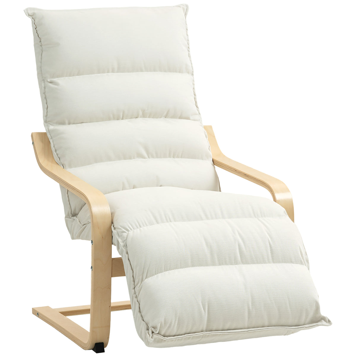 Curved Birch Wood Accent Chair with Adjustable Footrest – Cream