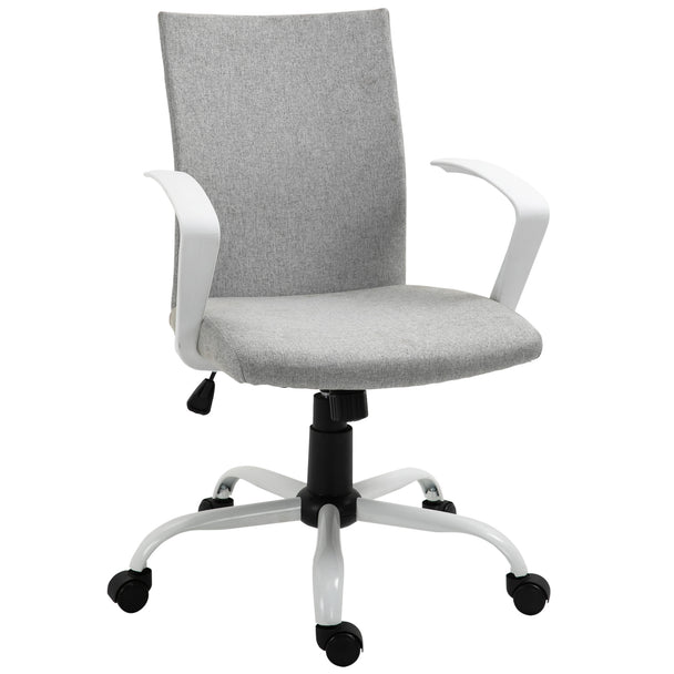 Light grey linen-look swivel desk chair with padded seat, high back and fixed armrests