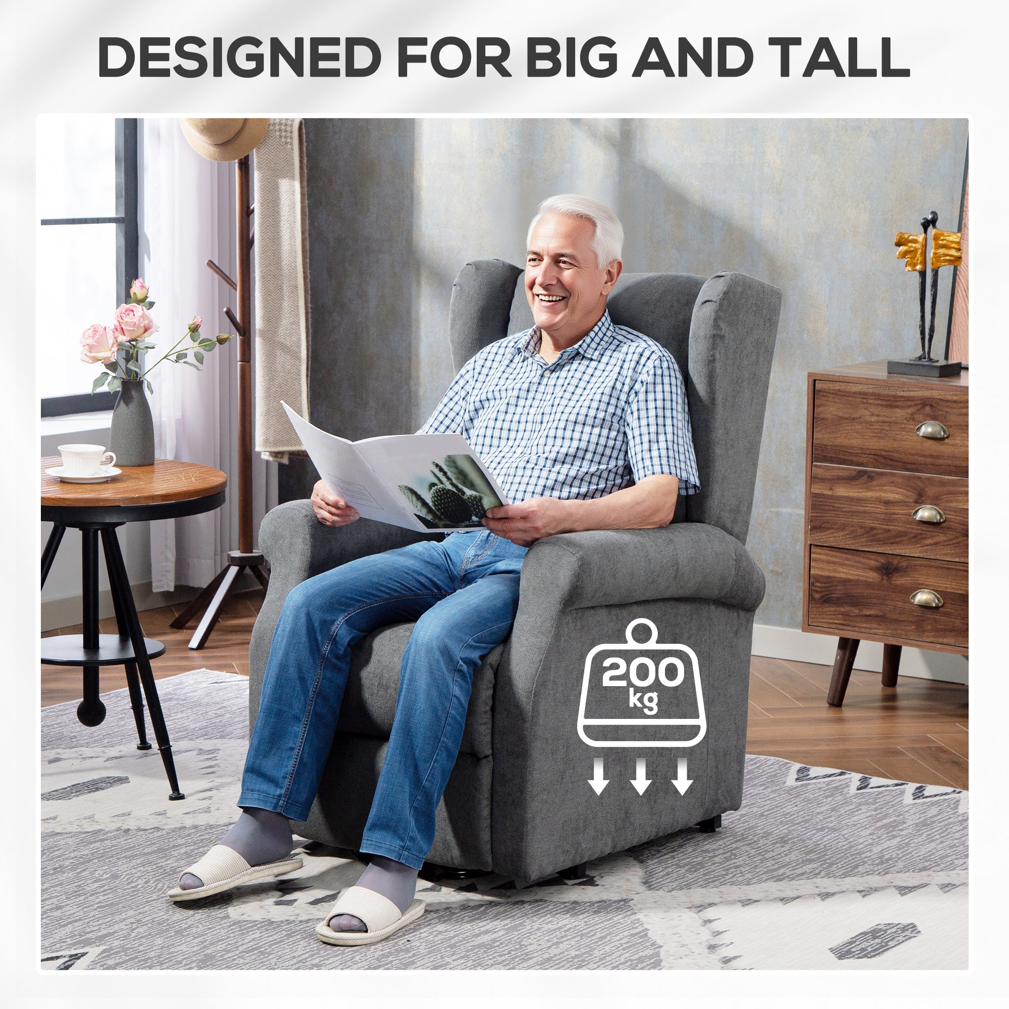 Power Lift Recliner Armchair, Electric Lift Chair for Elderly, Fabric Riser and Reclining Chair with Remote Control, Side Pockets, Extended Footrest, for Living Room, Charcoal Grey