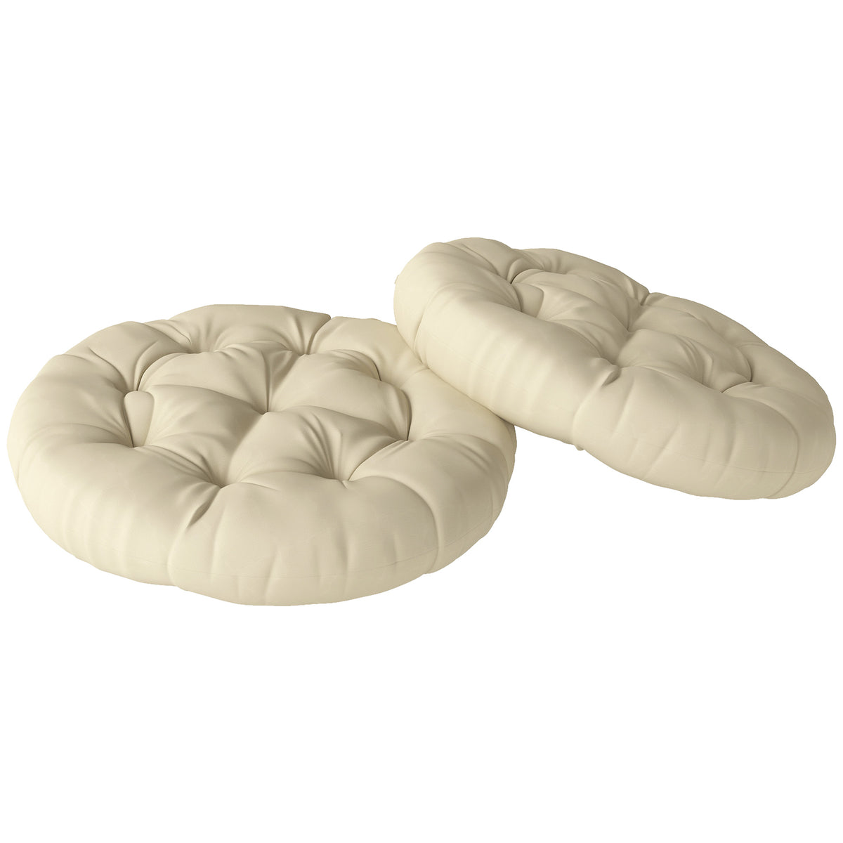 Two beige Ø 60 cm round tufted outdoor seat cushions