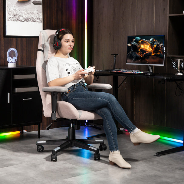 HOMCOM Fabric Gaming Chair with Lumbar Support, Headrest - Pale Pink – view 2