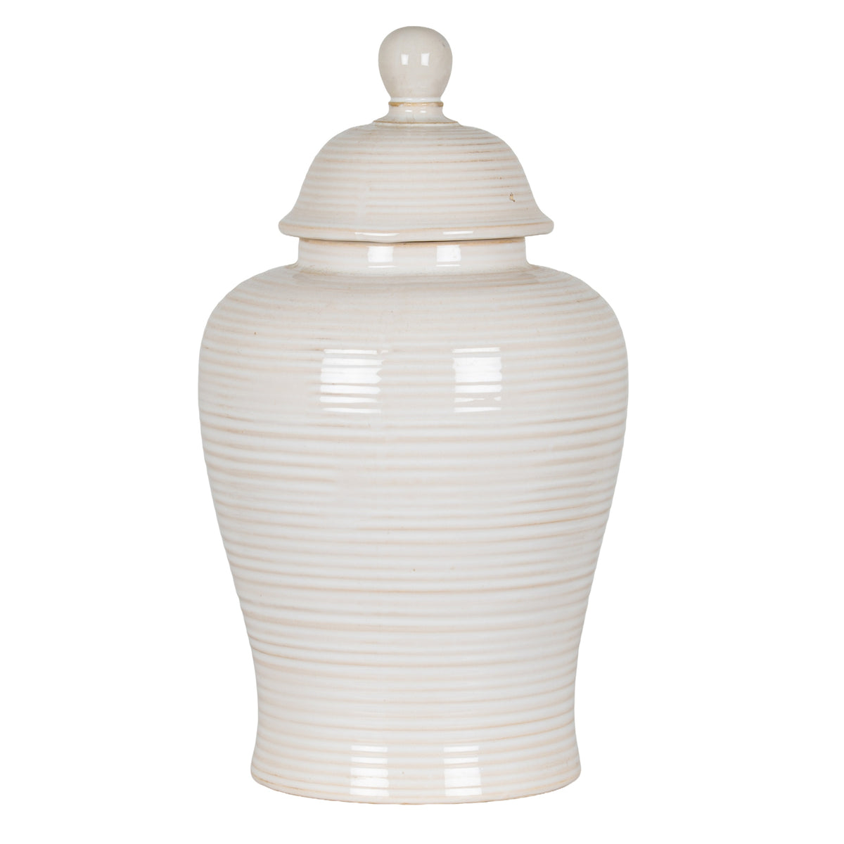 Neva cream ribbed ceramic ginger jar on white