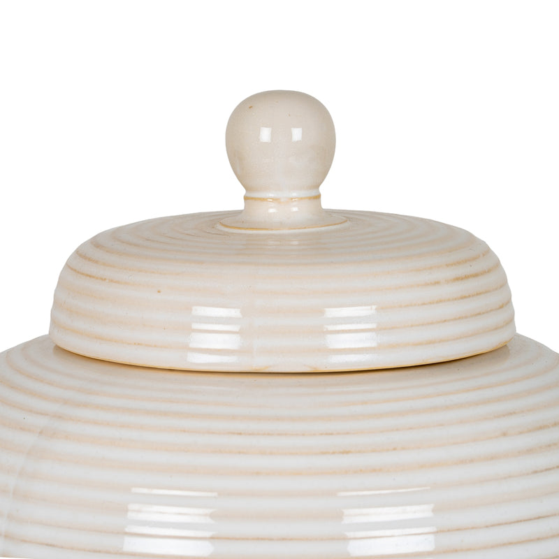 Neva Large Ribbed Ceramic Lidded Jar – 19cm, close-up of the knob-topped lid