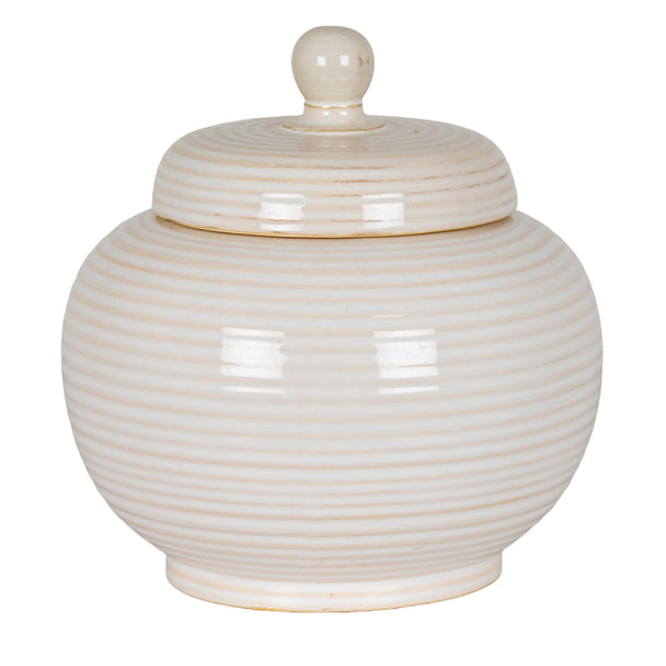 Neva small cream ribbed ceramic jar with lid