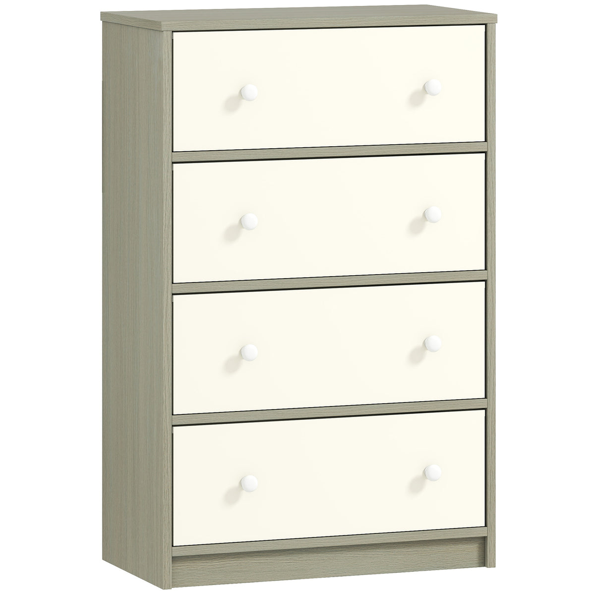 White and grey 4-drawer fabric chest of drawers with wood-effect top and steel frame